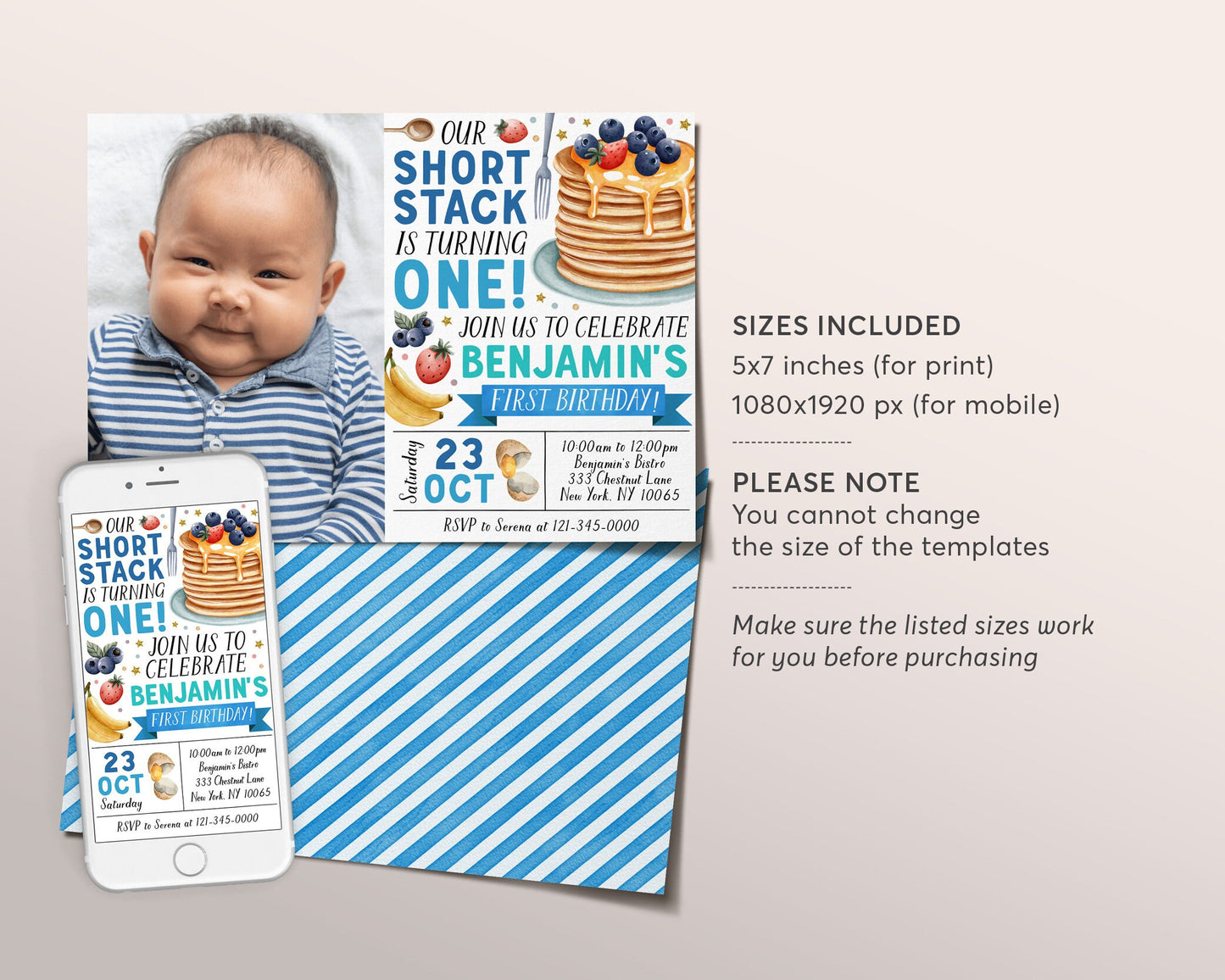 Pancakes Breakfast Birthday Invitation With Photo Editable Template, Boy Shortstack First Birthday Brunch Invite, Short Stack Pancake