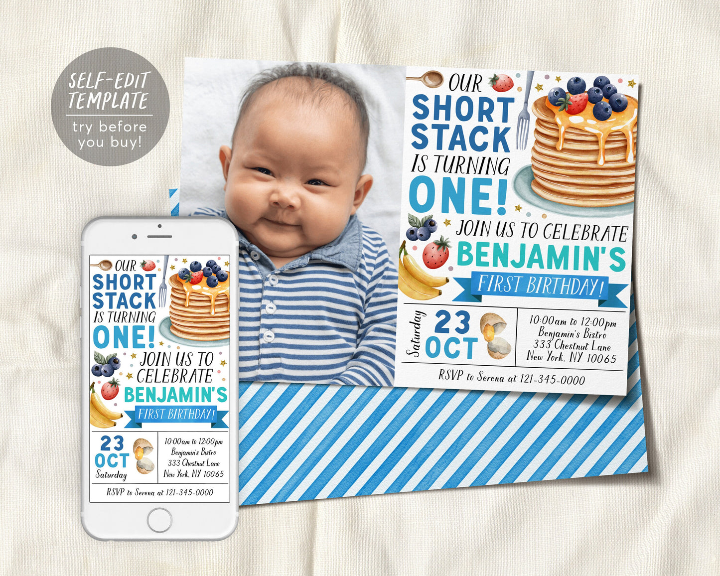 Pancakes Breakfast Birthday Invitation With Photo Editable Template