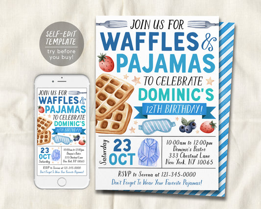 Waffles and Pajamas Birthday Invitation Editable Template