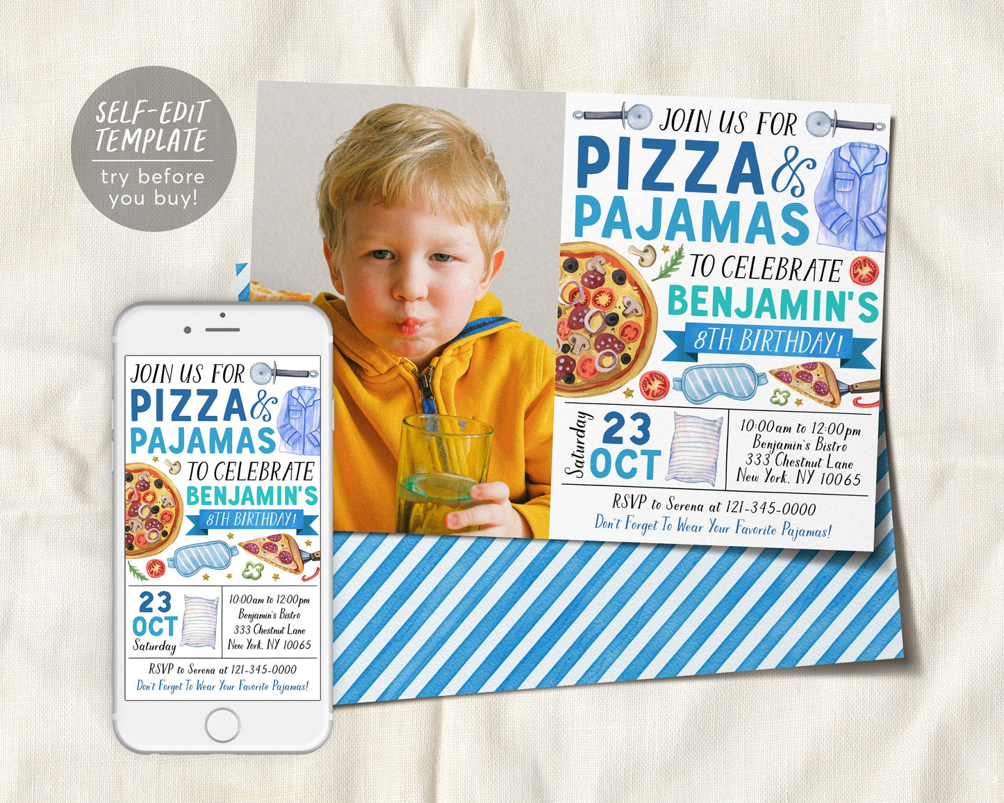 Pizza and Pajamas Birthday Invitation With Photo Editable Template