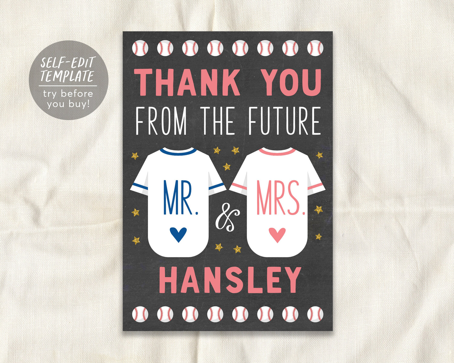 Baseball Couples Shower Thank You Card Editable Template