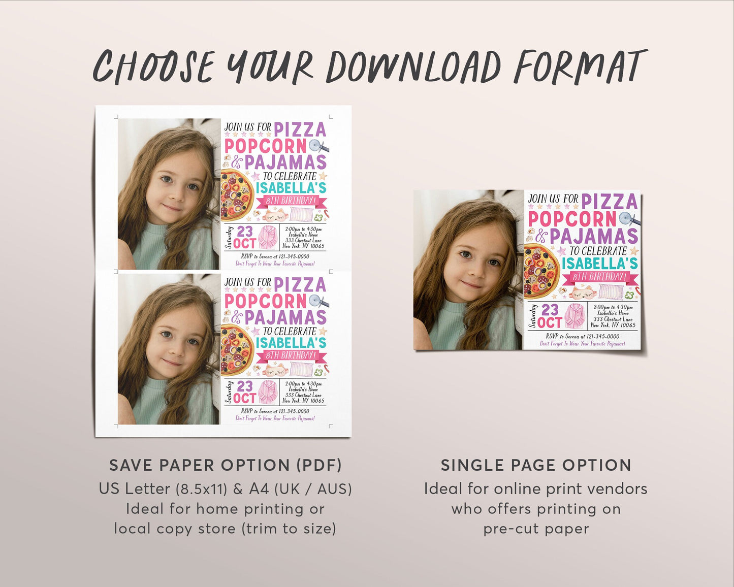 Pizza Popcorn Pajamas Birthday Invitation With Photo Editable Template, Girl Tween Movie Night Party Invite, Kids PJs Slumber Party Evite