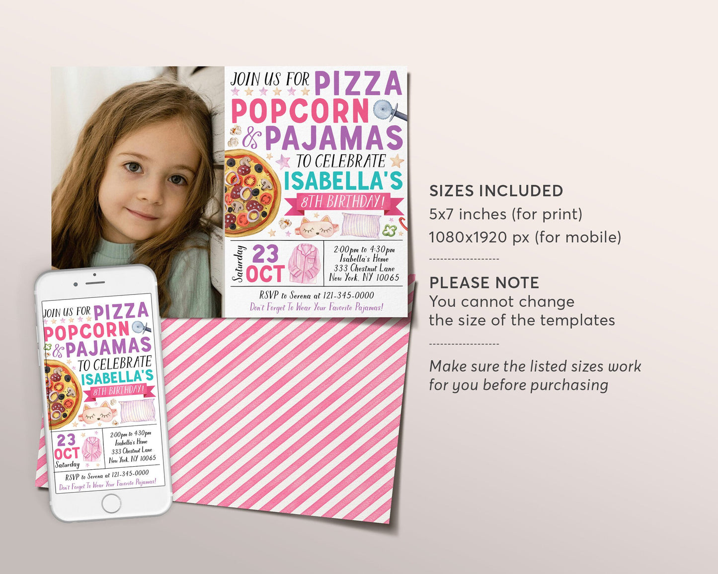 Pizza Popcorn Pajamas Birthday Invitation With Photo Editable Template, Girl Tween Movie Night Party Invite, Kids PJs Slumber Party Evite