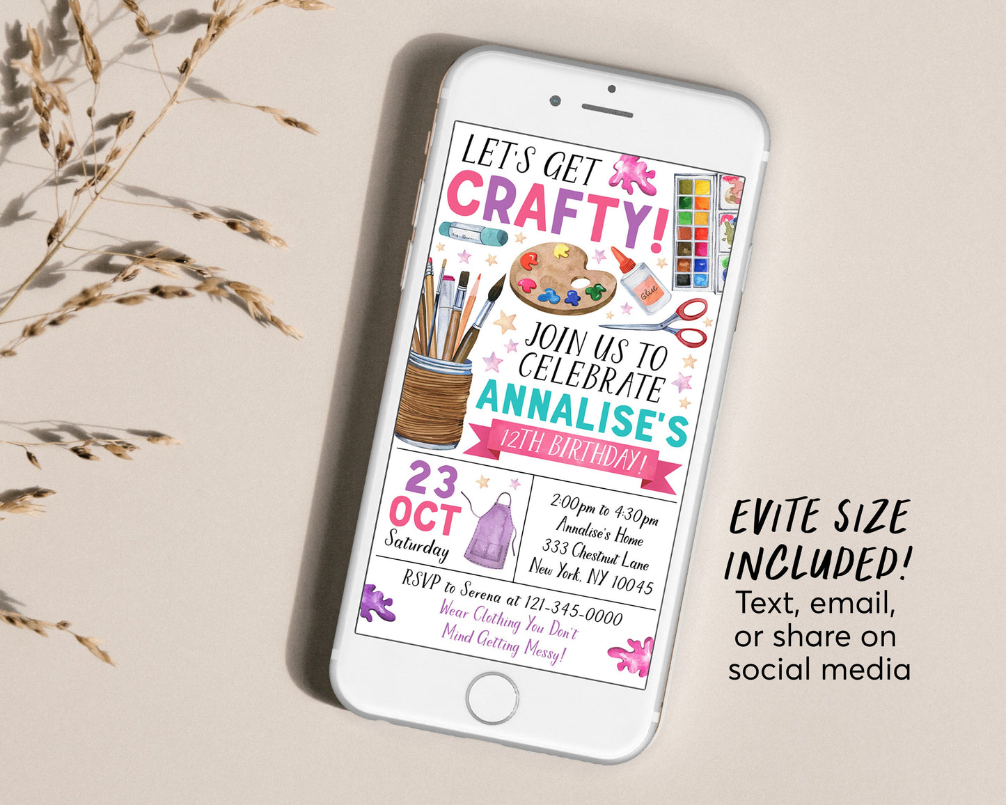Craft Birthday Party Invitation Editable Template, Art and Crafts Lets Create Invite, Crafting Theme Evite, Painting Lets Get Crafty