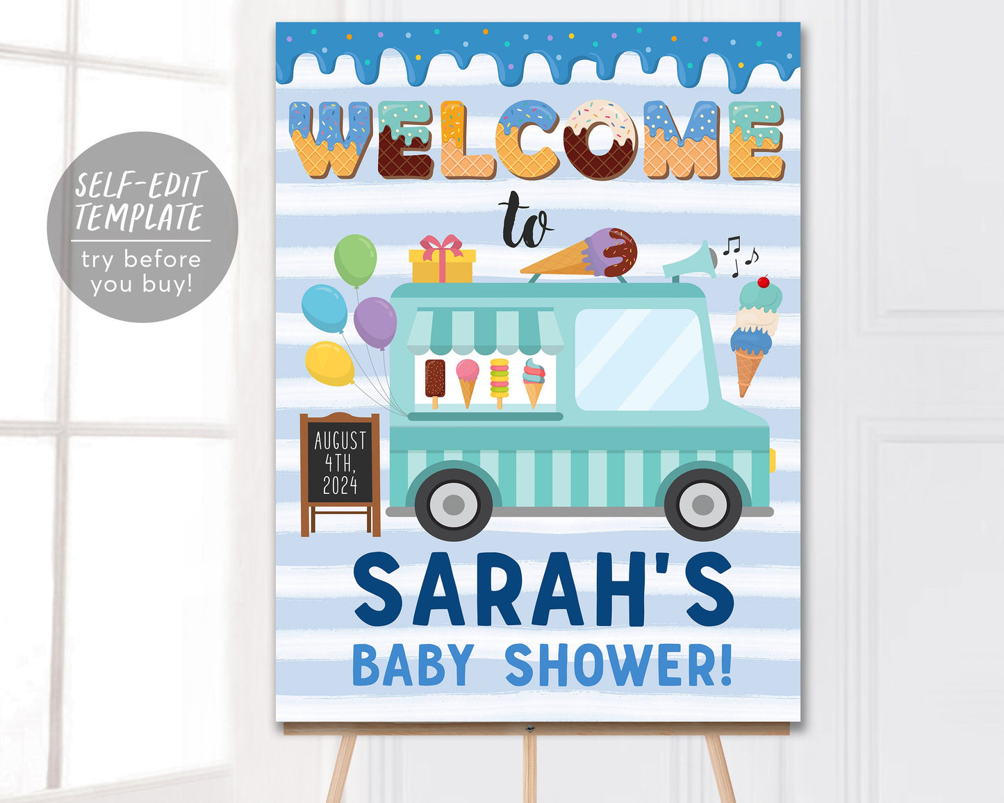 Ice Cream Truck Baby Shower Welcome Sign Editable Template