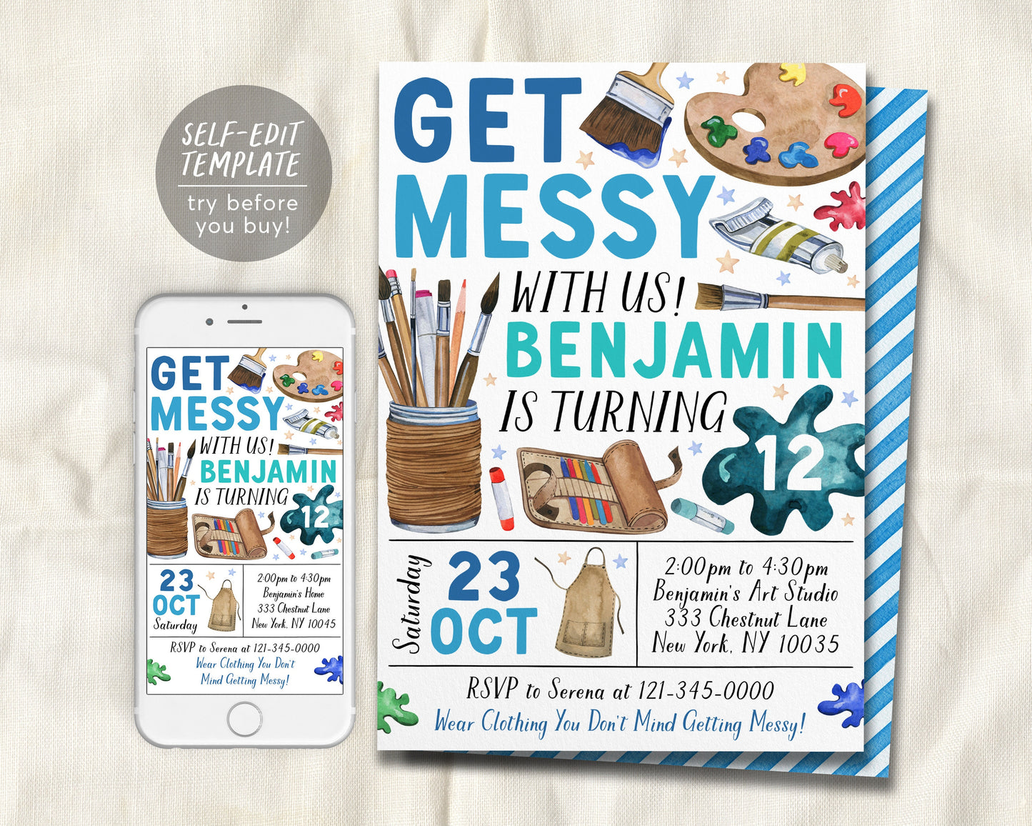 Art Birthday Party Invitation Editable Template