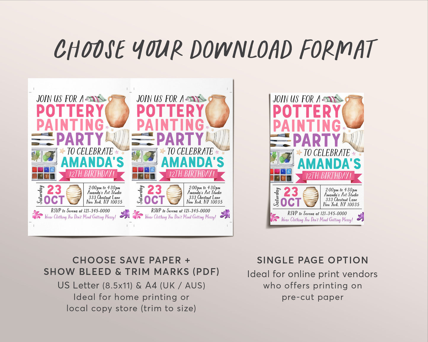 Pottery Party Invitation Editable Template, Pottery Painting Party Invite, Girl Art Paint Craft Evite, Ceramics Studio Kids Tween Printable