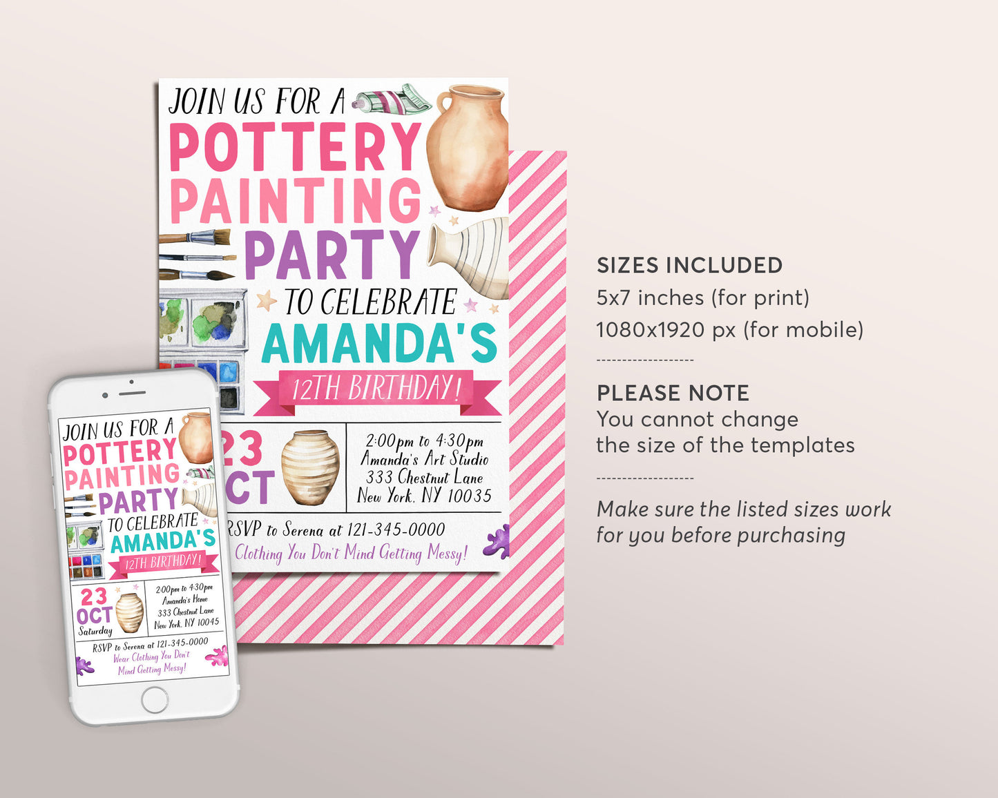 Pottery Party Invitation Editable Template, Pottery Painting Party Invite, Girl Art Paint Craft Evite, Ceramics Studio Kids Tween Printable