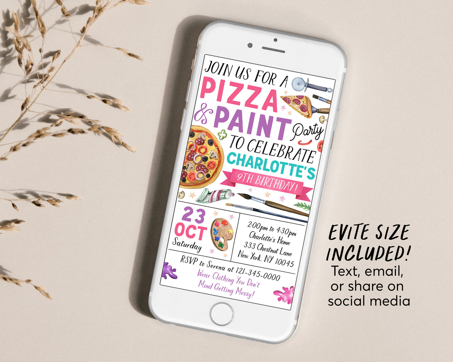 Pizza and Paint Party Birthday Invitation With Photo Editable Template, Girl Teen Tween Painting and Pizza Evite, Dress for a Mess, Painting