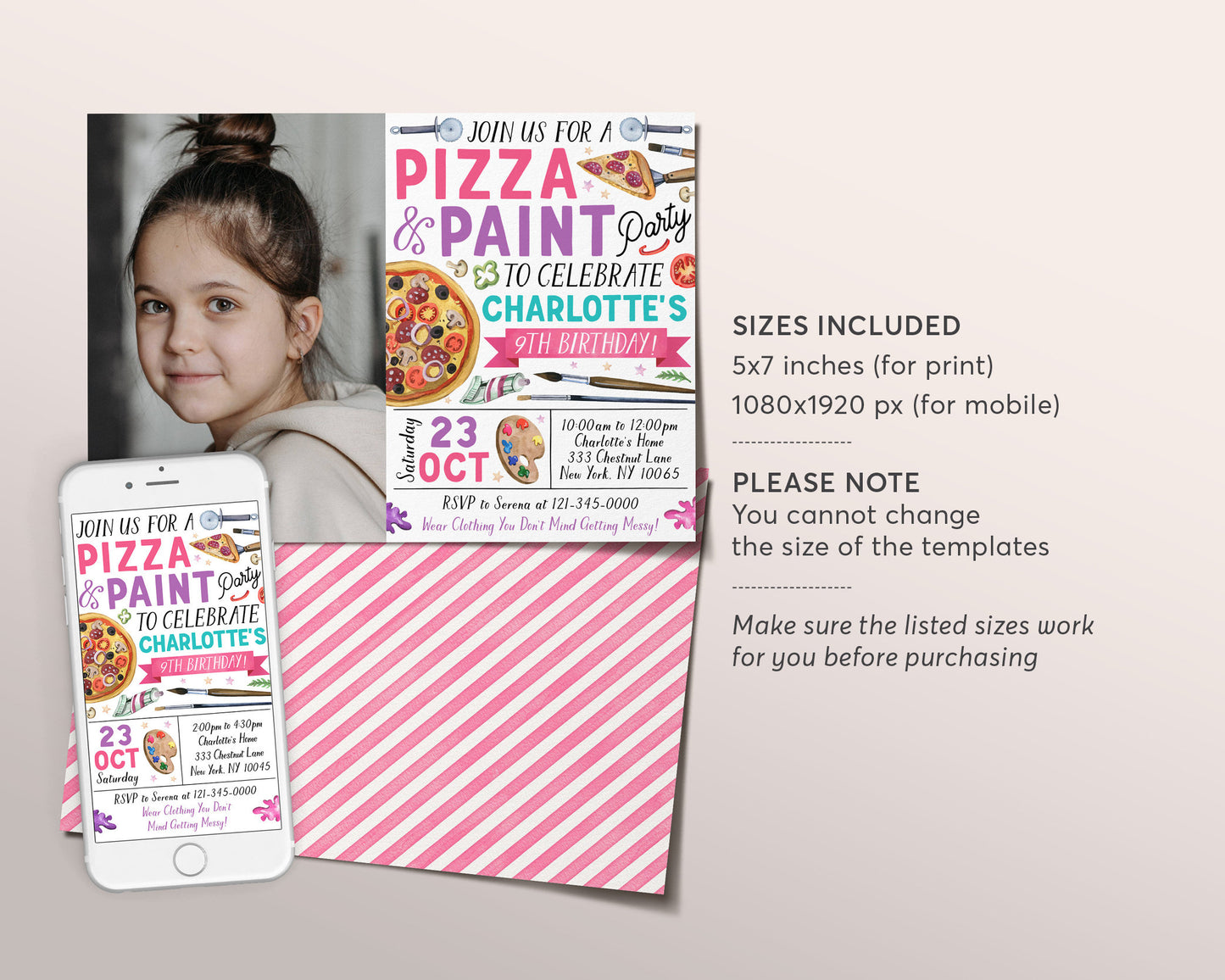 Pizza and Paint Party Birthday Invitation With Photo Editable Template, Girl Teen Tween Painting and Pizza Evite, Dress for a Mess, Painting