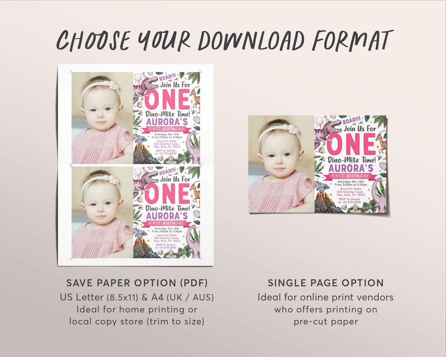 First Birthday Dinosaur Birthday Invitation With Photo Editable Template, One Dino-Mite Time T-Rex Dino Girl 1st Birthday Party Invite