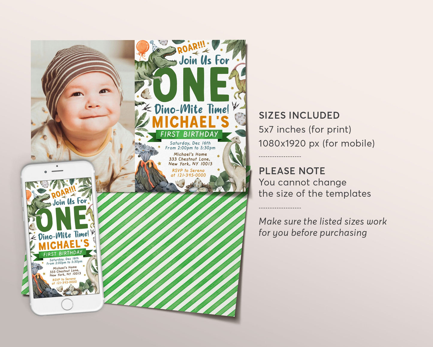 First Birthday Dinosaur Birthday Invitation With Photo Editable Template, One Dino-Mite Time T-Rex Dino Boy 1st Birthday Party Invite DIY