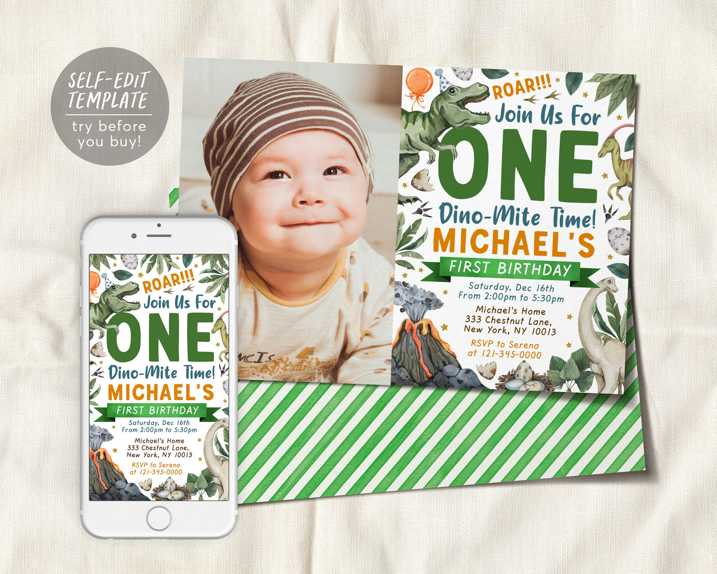 First Birthday Dinosaur Birthday Invitation With Photo Editable Template