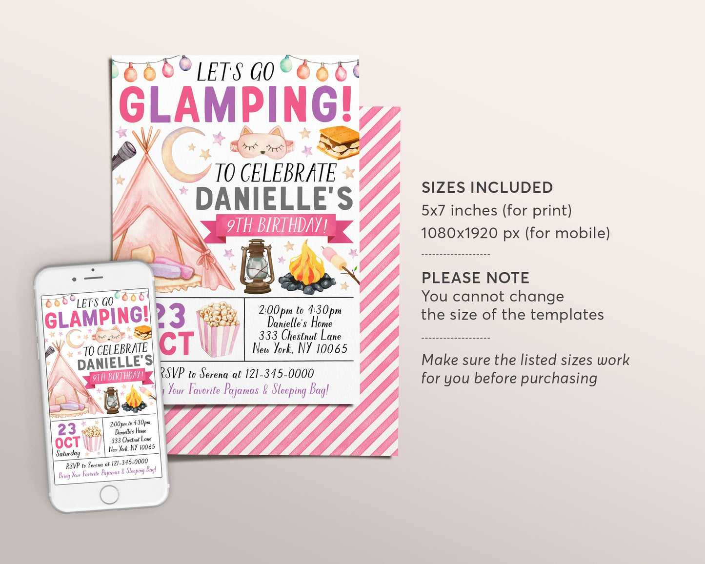 Glamping Birthday Invitation Editable Template, Outdoor Camping Party Invite, Kids Girl Tween Teen Sleepover Camp Out Evite, Bonfire Party
