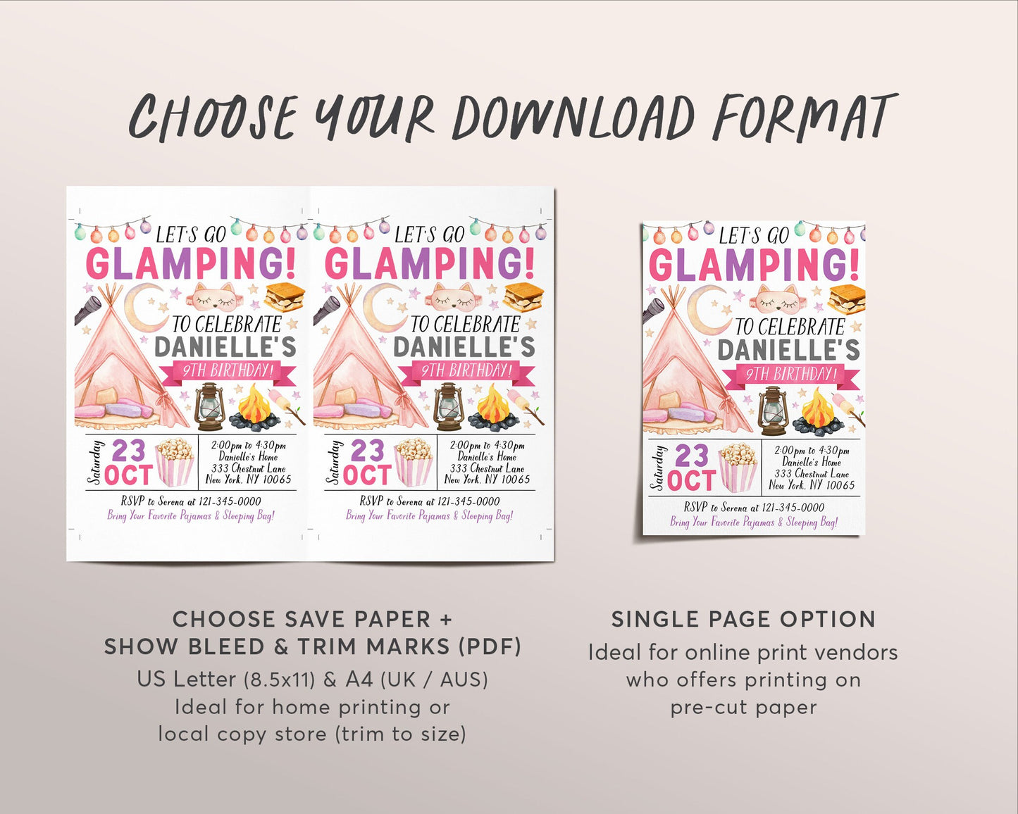 Glamping Birthday Invitation Editable Template, Outdoor Camping Party Invite, Kids Girl Tween Teen Sleepover Camp Out Evite, Bonfire Party