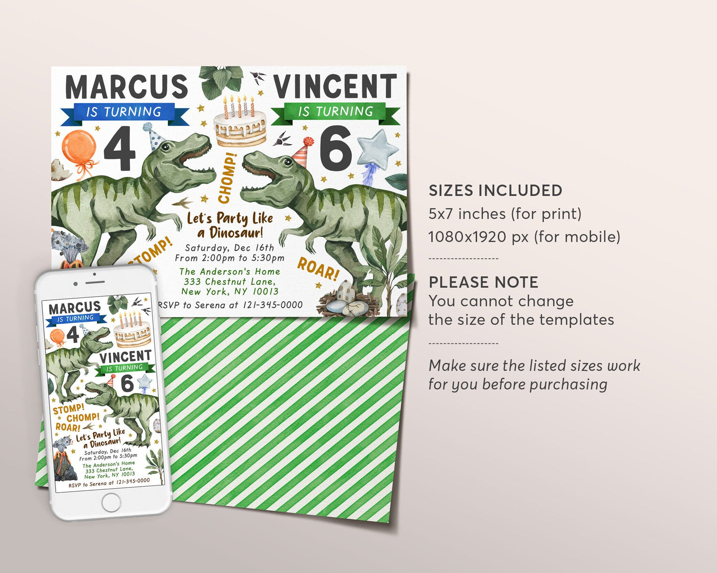 Sibling Dinosaur Birthday Invitation Editable Template, Dinosaur Double Birthday Party Invite, Twins Two Boys Joint Party Dino T-Rex Party