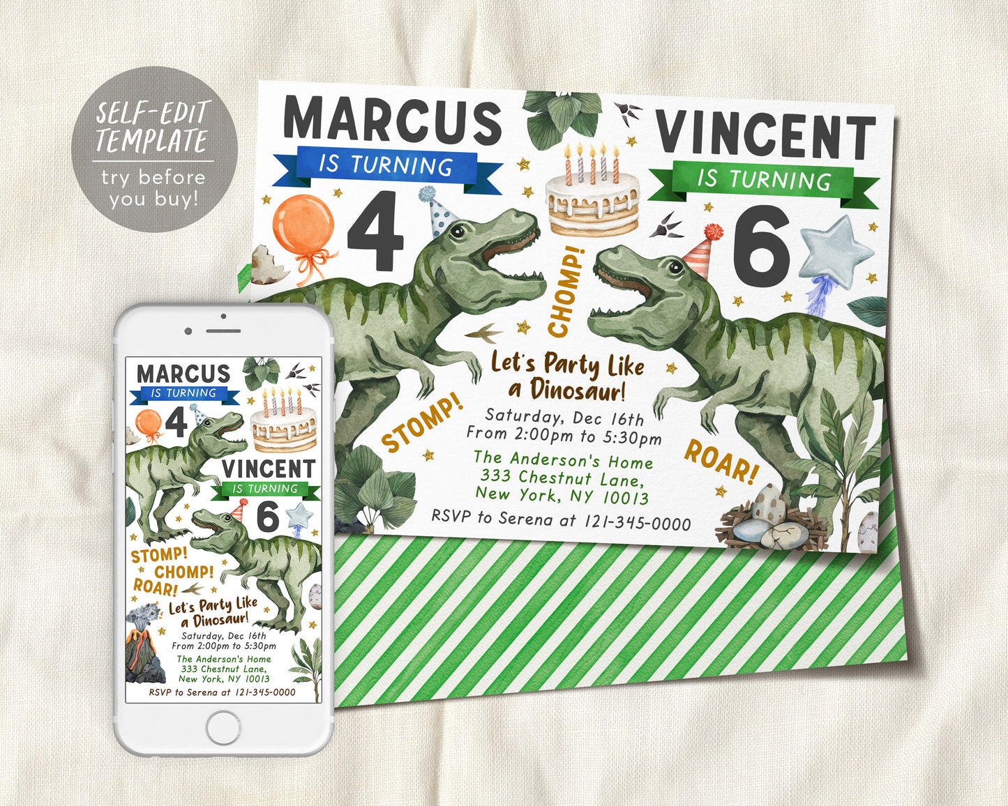 Sibling Dinosaur Birthday Invitation Editable Template