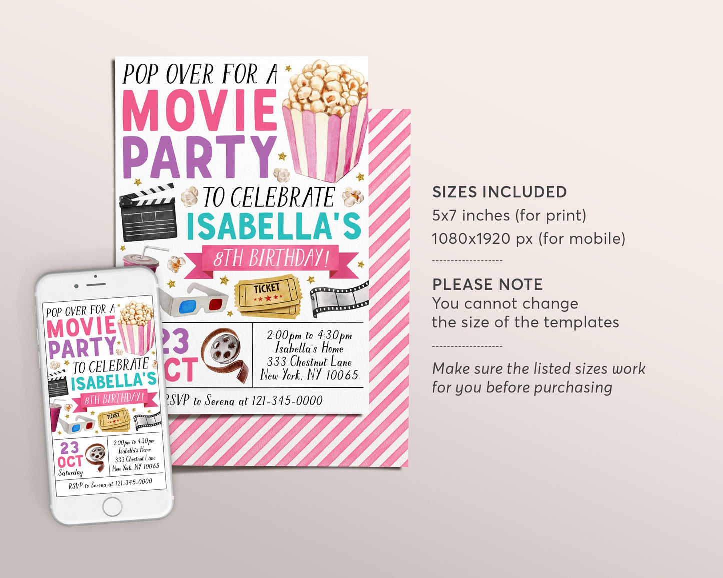 Movie Birthday Invitation Editable Template, Girl Pop On Over Cinema Movie Ticket Invite, Movie Night Kids Party Evite, Popcorn And Movies