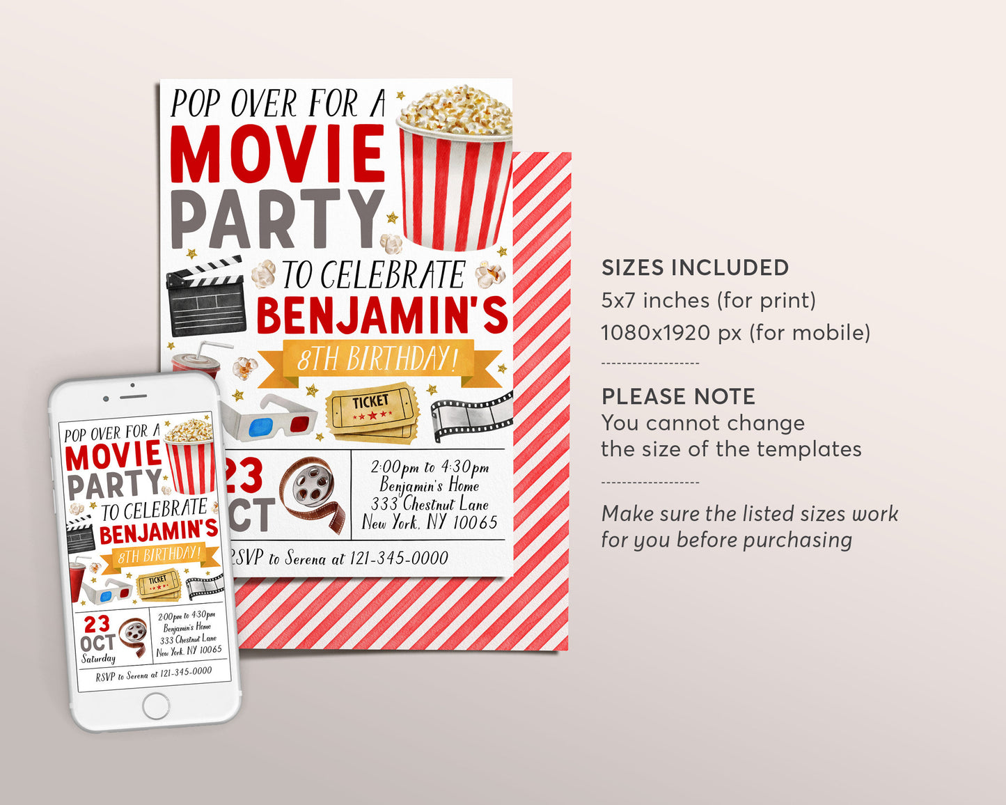 Movie Birthday Invitation Editable Template, Unisex Pop On Over Cinema Movie Ticket Invite, Movie Night Kids Party Evite, Popcorn And Movies