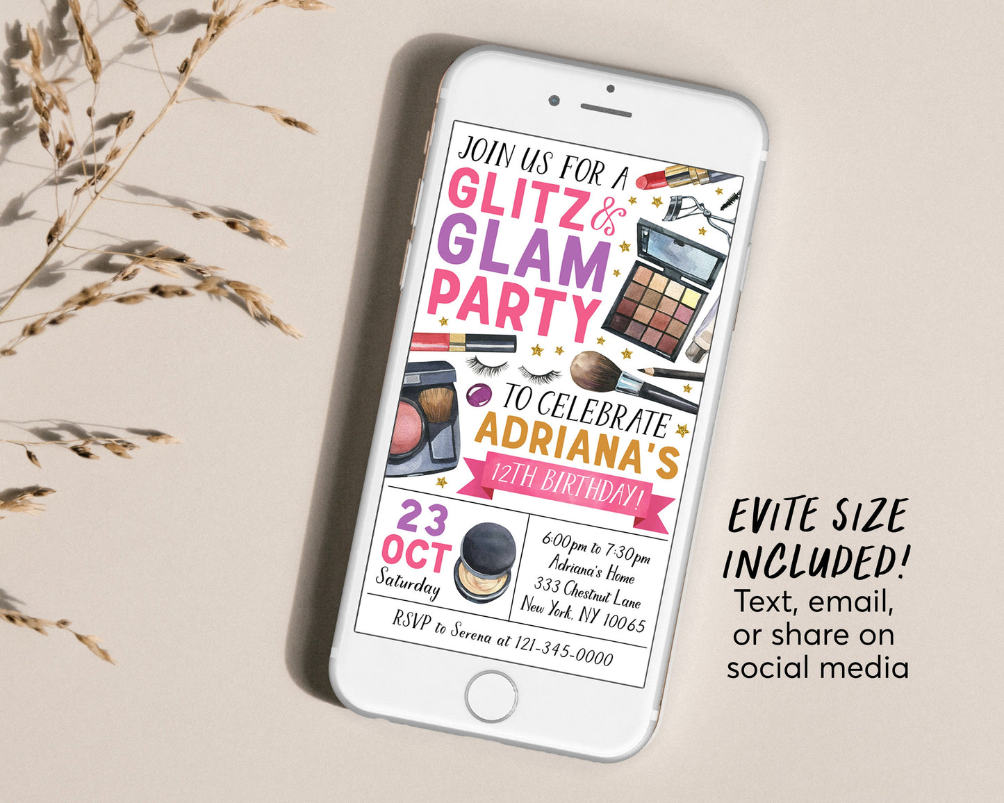 Glitz and Glam Birthday Party Invitation Editable Template, Makeup Pamper Party Spa Day Invite, Girl Teen Tween Makeover Evite, Blow Out