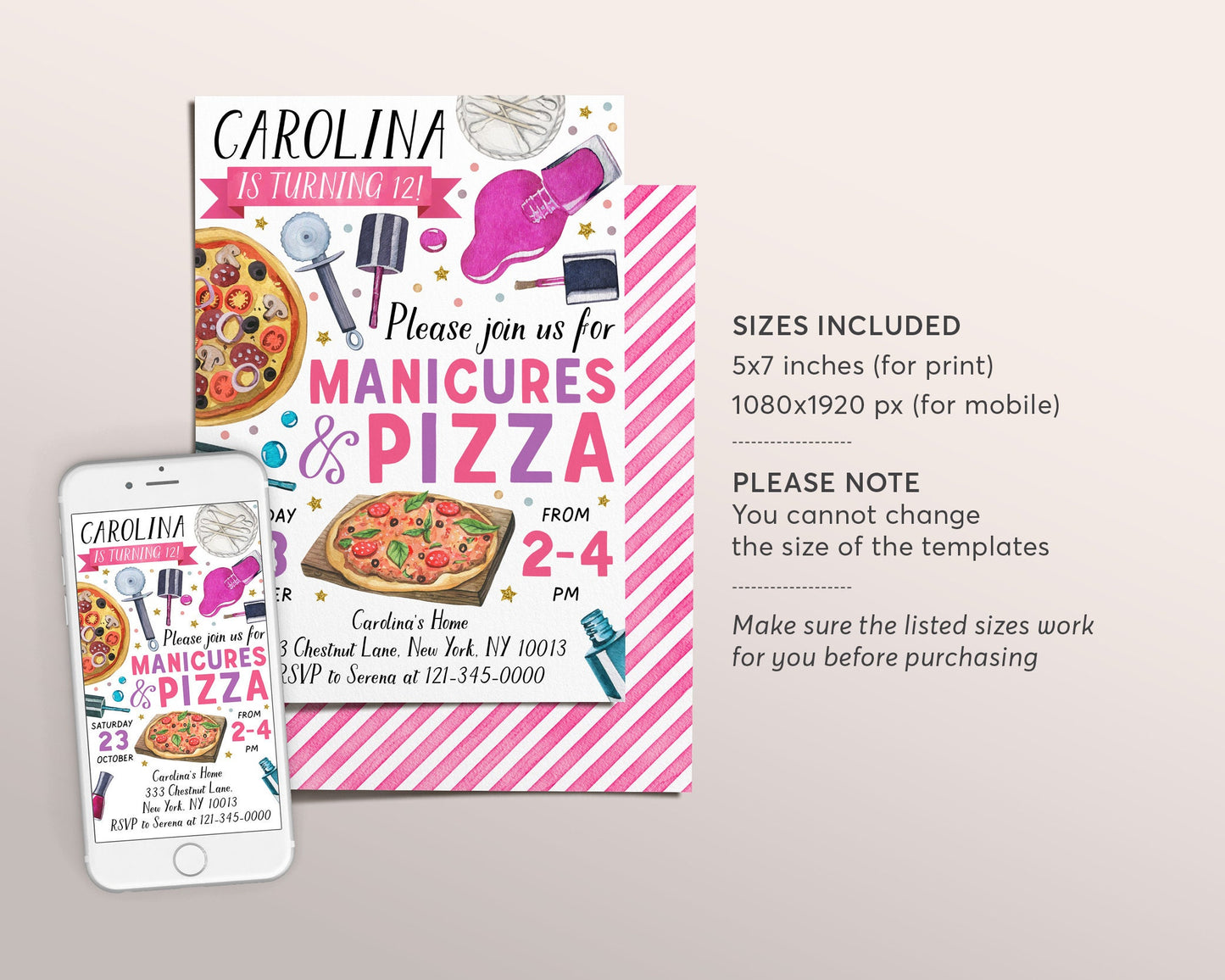 Manicures And Pizza Party Invitation Editable Template, Pedicures Mani Pedi Spa Day Birthday Invite, Girl Teen Tween Nail Salon Party