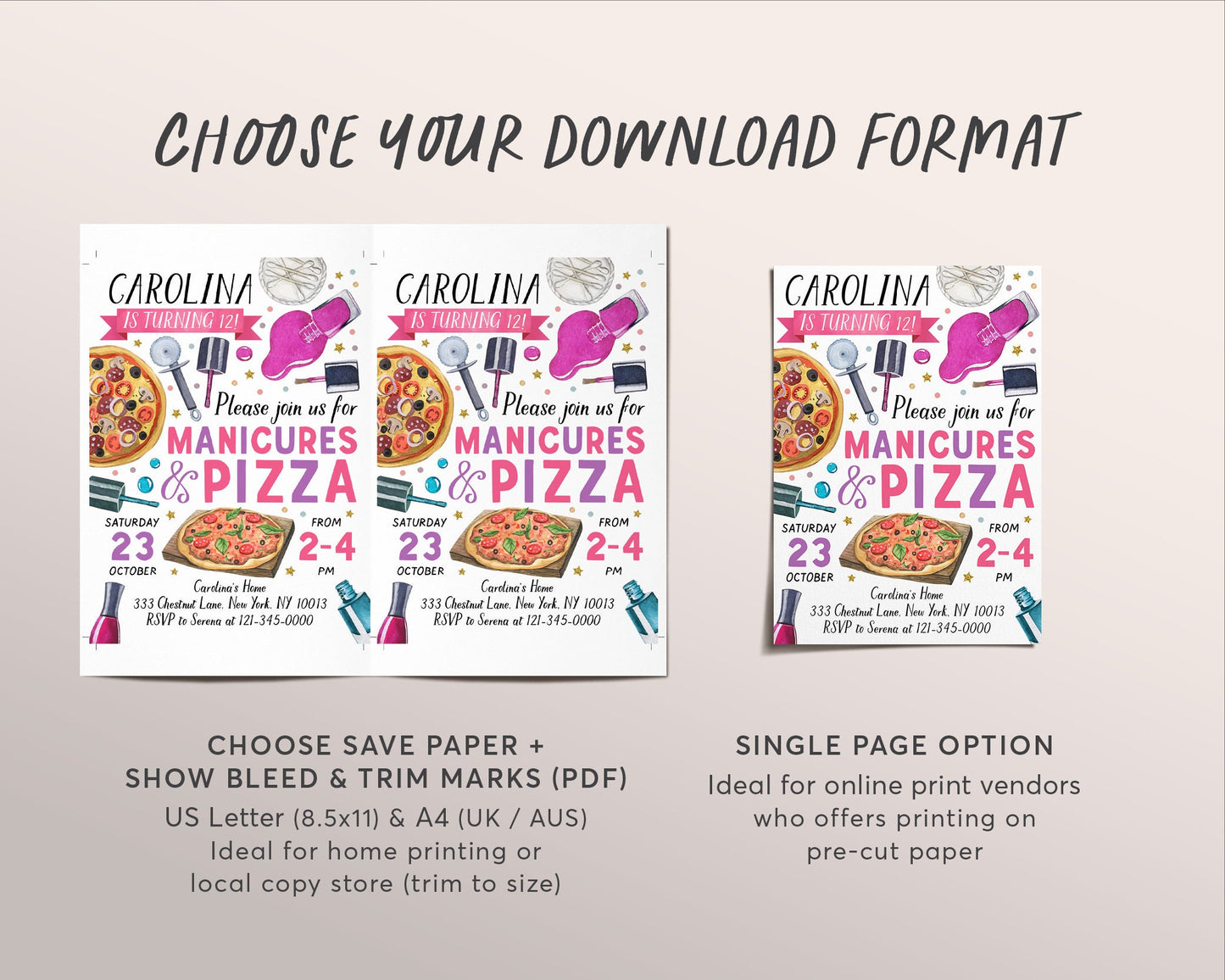 Manicures And Pizza Party Invitation Editable Template, Pedicures Mani Pedi Spa Day Birthday Invite, Girl Teen Tween Nail Salon Party