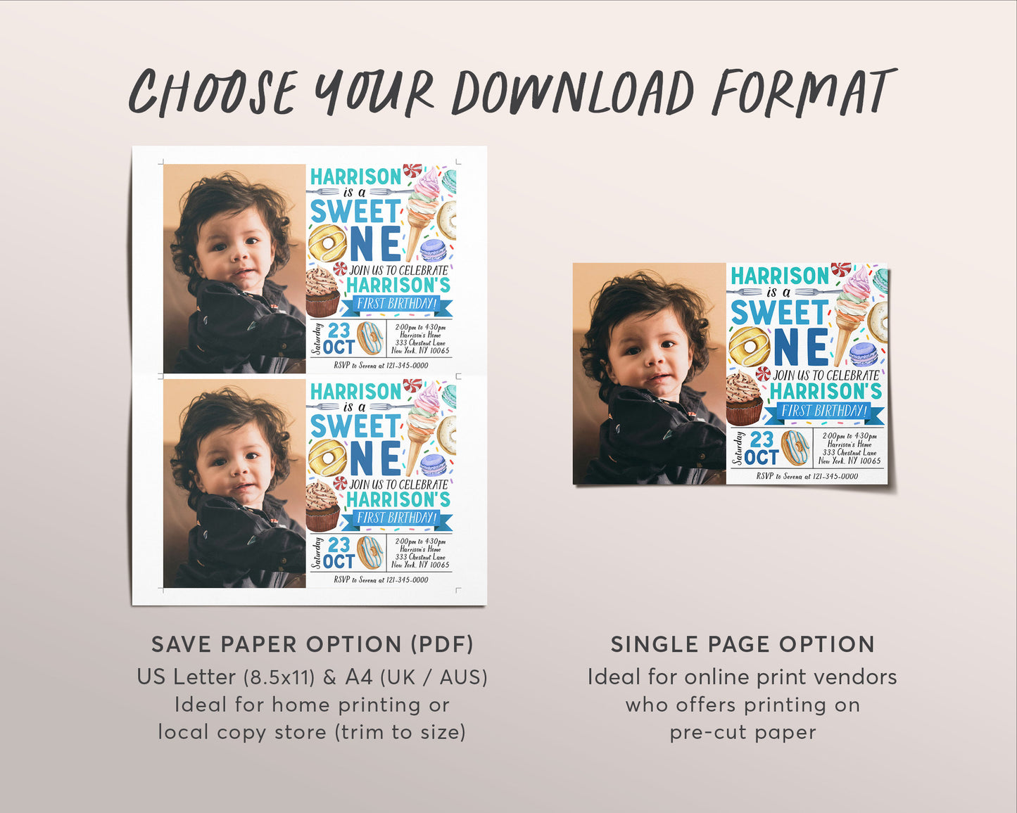 Sweet One Invitation With Photo Editable Template, Boy Donut First Birthday Invite, One Year Donuts And Candy Dessert Themed Party Evite
