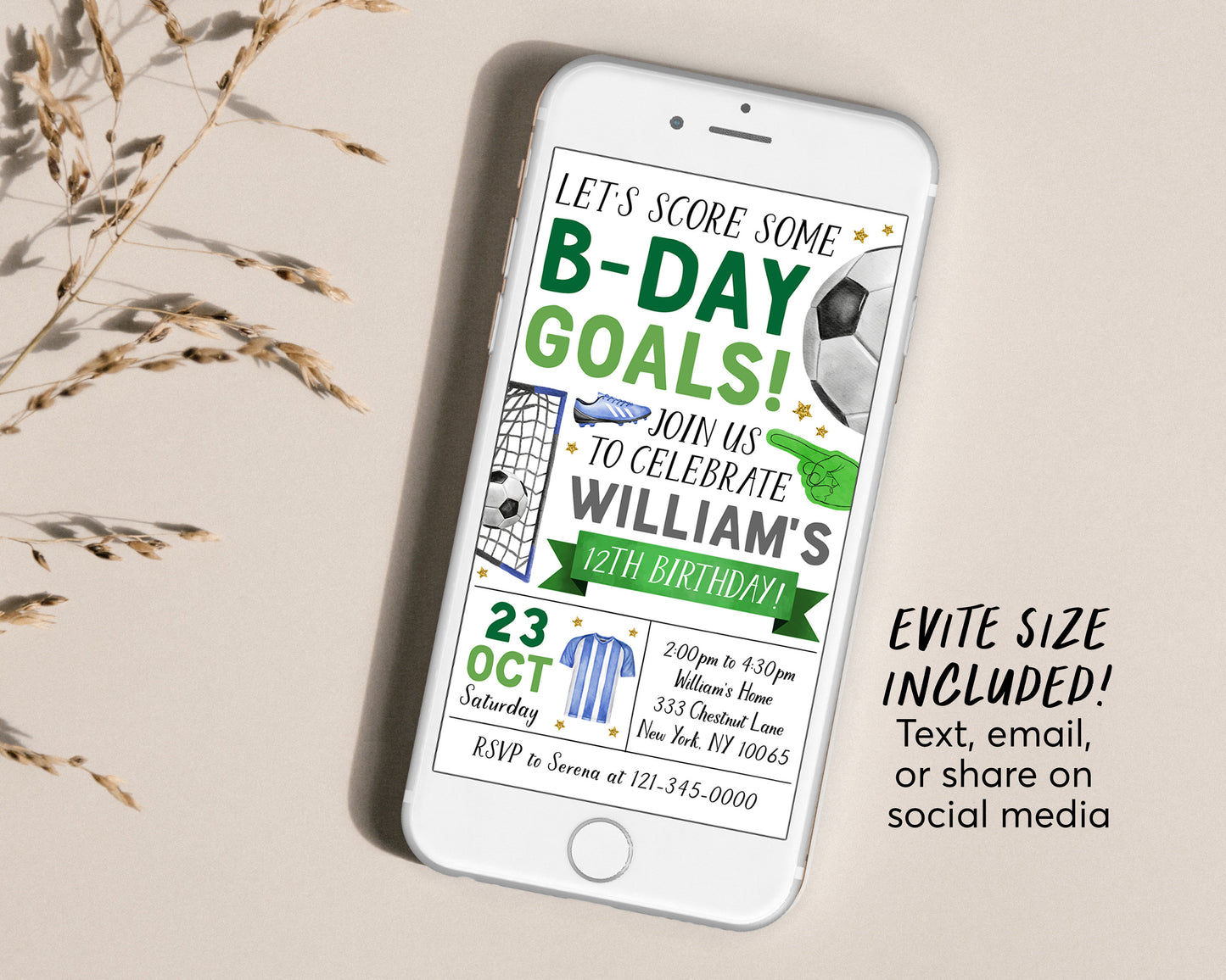 Soccer Birthday Invitation With Photo Editable Template, Boy Birthday Goals Kick Up the Fun Sports Invite, Sports Theme Game Day Evite