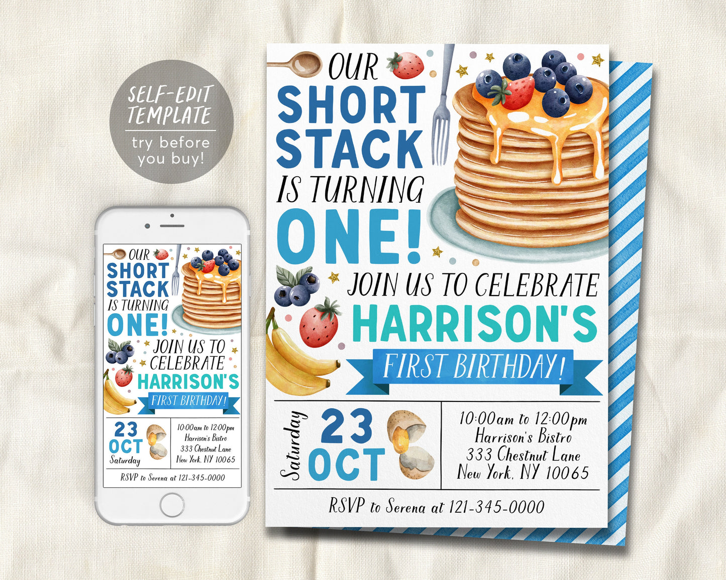 Pancakes Breakfast Birthday Invitation Editable Template