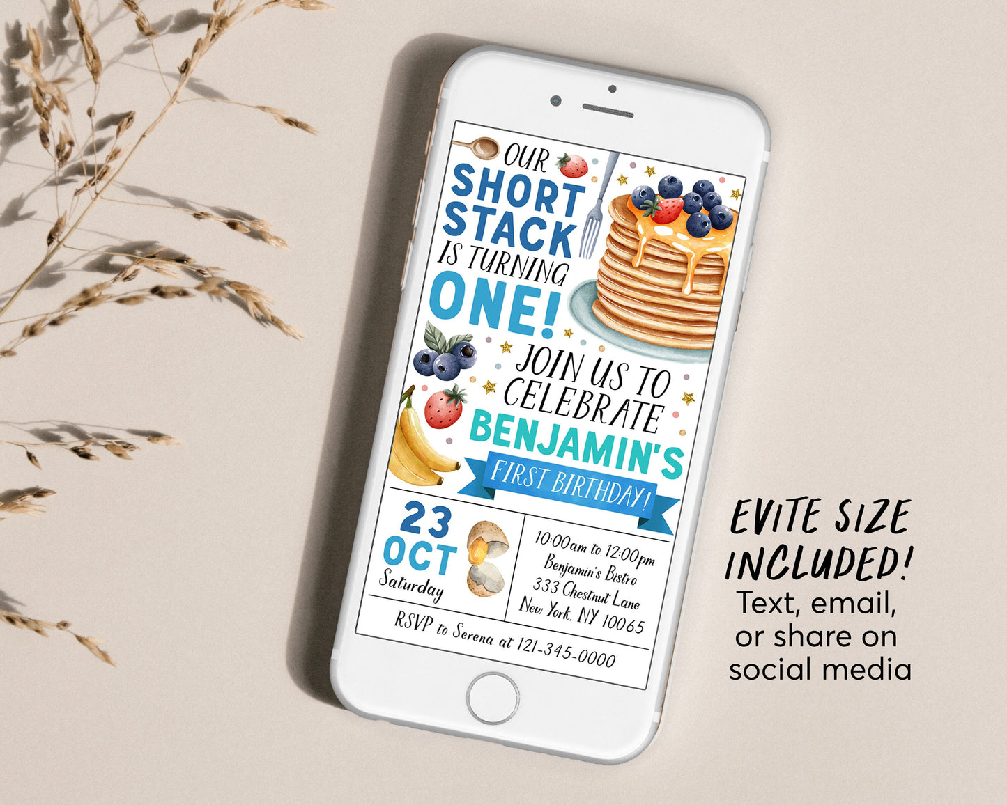 Pancakes Breakfast Birthday Invitation With Photo Editable Template, Boy Shortstack First Birthday Brunch Invite, Short Stack Pancake