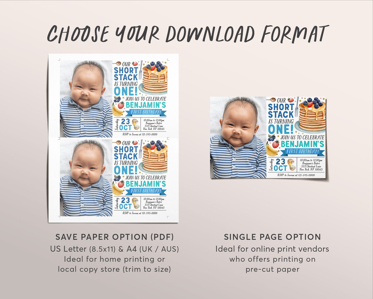 Pancakes Breakfast Birthday Invitation With Photo Editable Template, Boy Shortstack First Birthday Brunch Invite, Short Stack Pancake