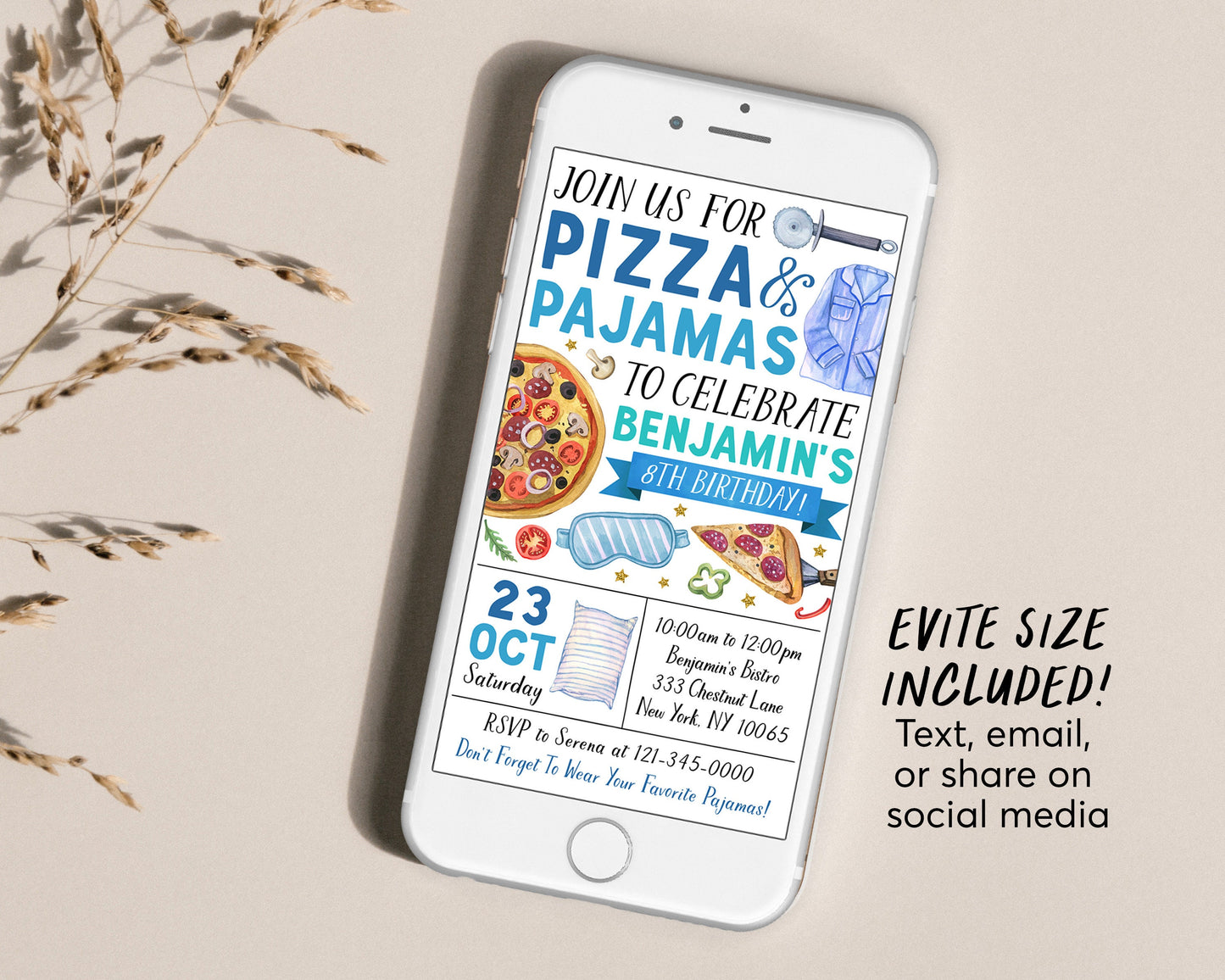 Pizza and Pajamas Birthday Invitation With Photo Editable Template, Boy Pizza And PJs Party Invite, Kids Pizzeria Slumber Party Evite