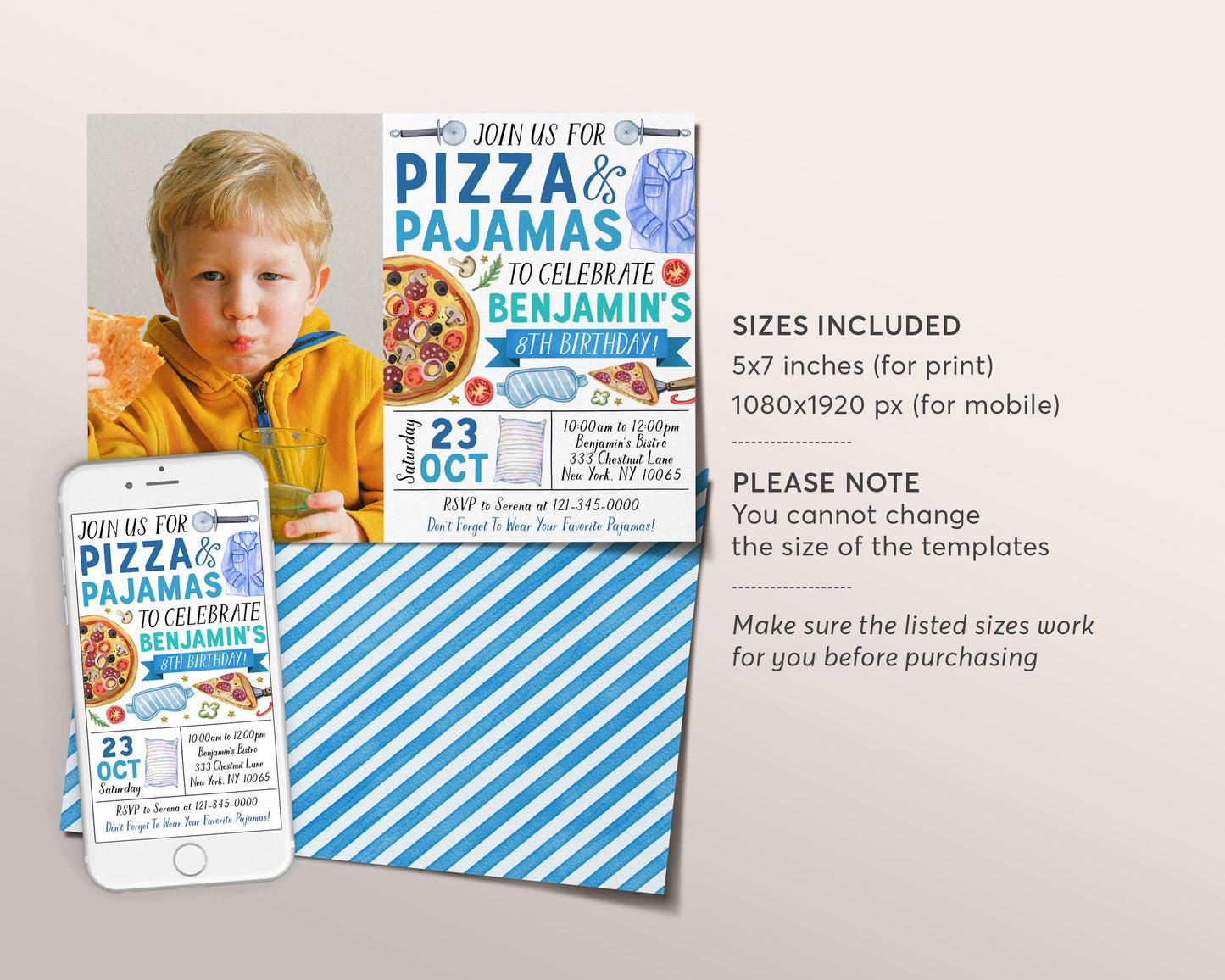 Pizza and Pajamas Birthday Invitation With Photo Editable Template, Boy Pizza And PJs Party Invite, Kids Pizzeria Slumber Party Evite