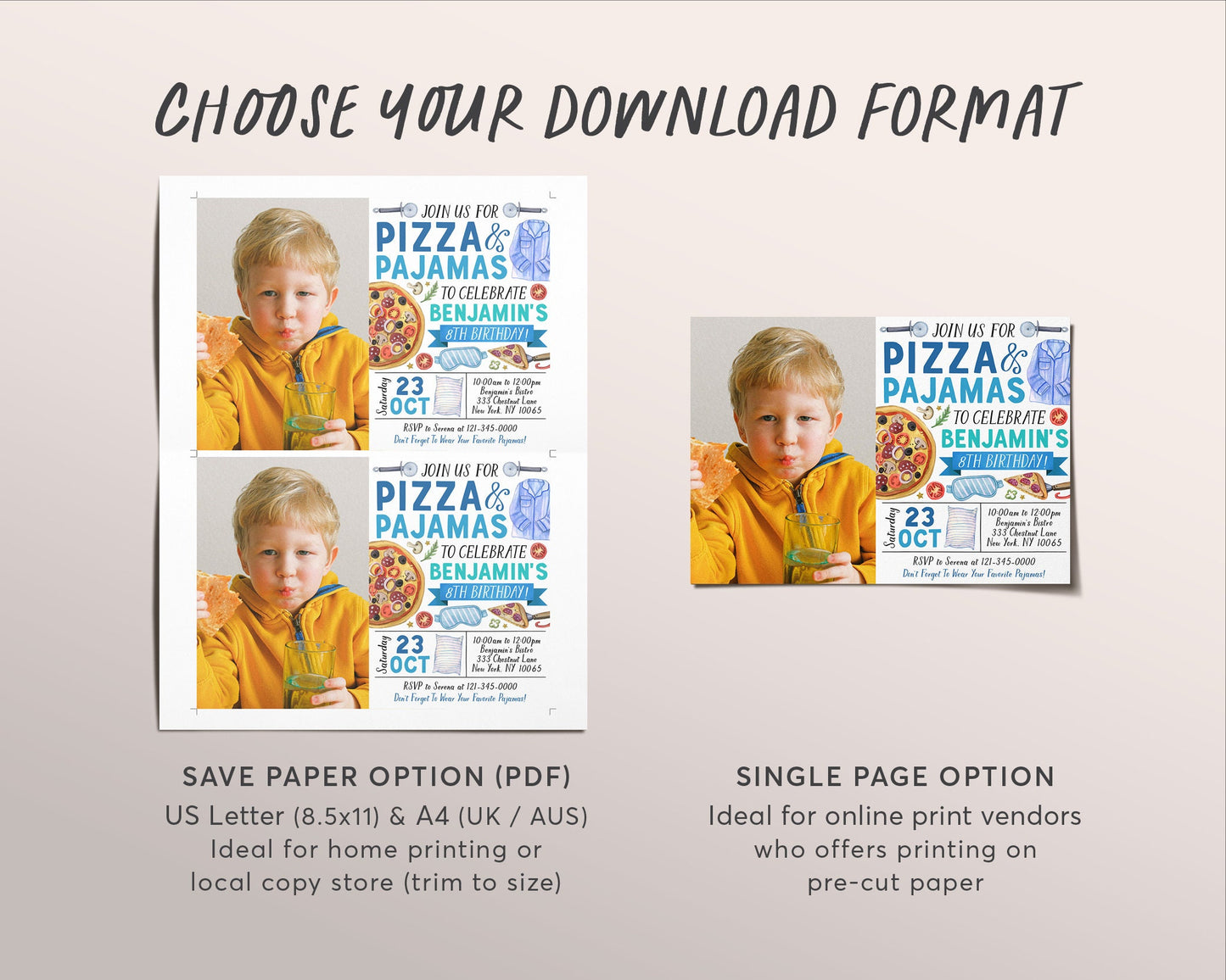 Pizza and Pajamas Birthday Invitation With Photo Editable Template, Boy Pizza And PJs Party Invite, Kids Pizzeria Slumber Party Evite