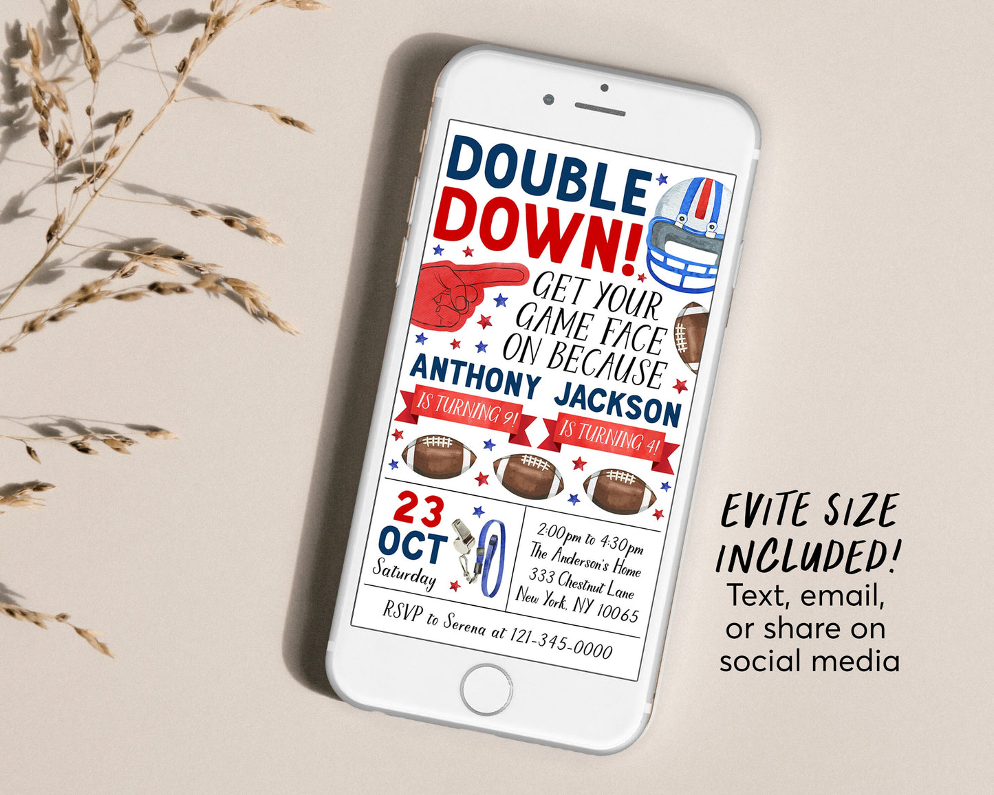 Football Joint Siblings Birthday Invitation Editable Template, Boy Double Year Down Football Party Invite, Kids Sports Theme It's Game Time