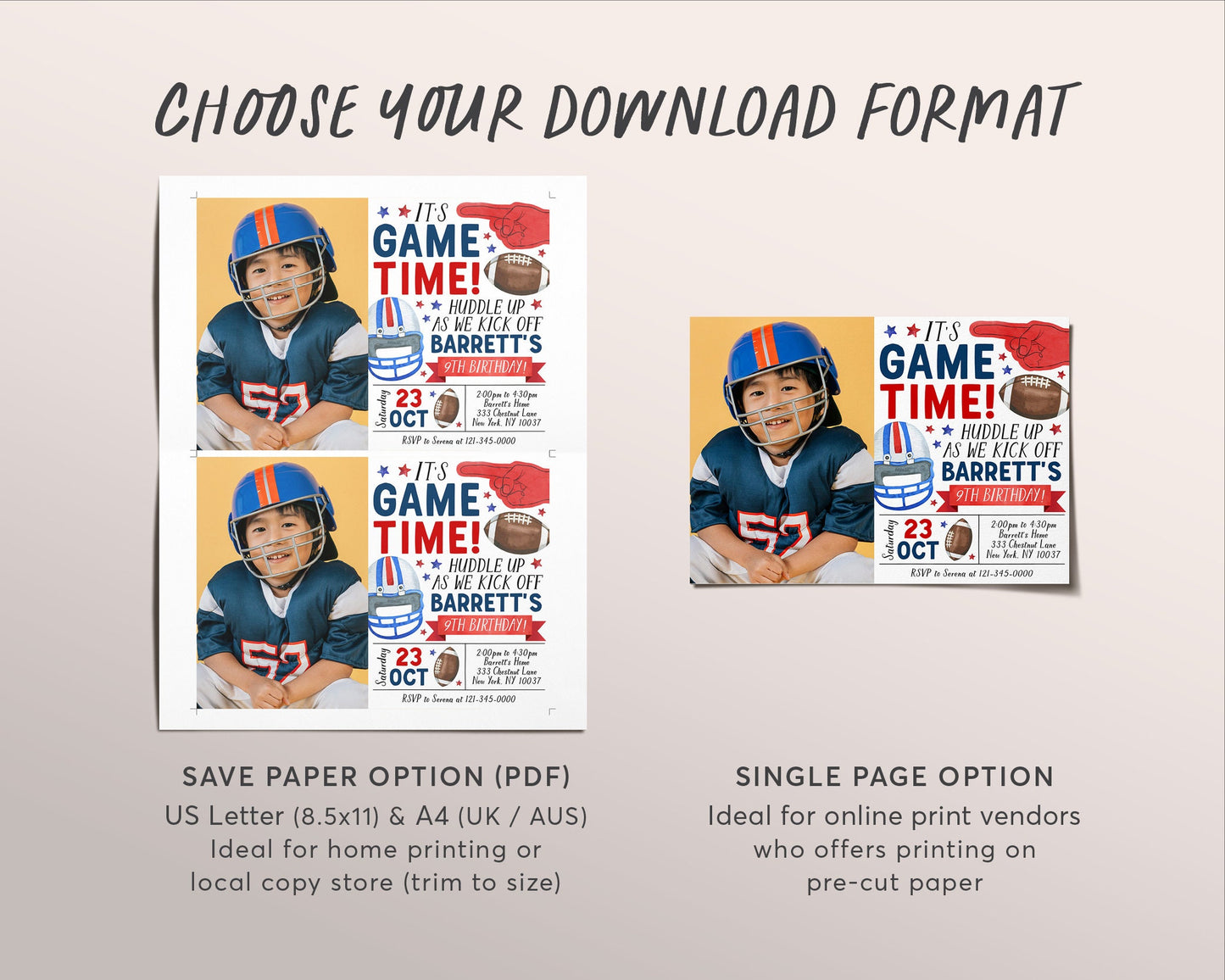 Football Birthday Invitation With Photo Editable Template, Boy Football Theme Party Invite, Kids Sports Theme It's Game Time Evite Digital
