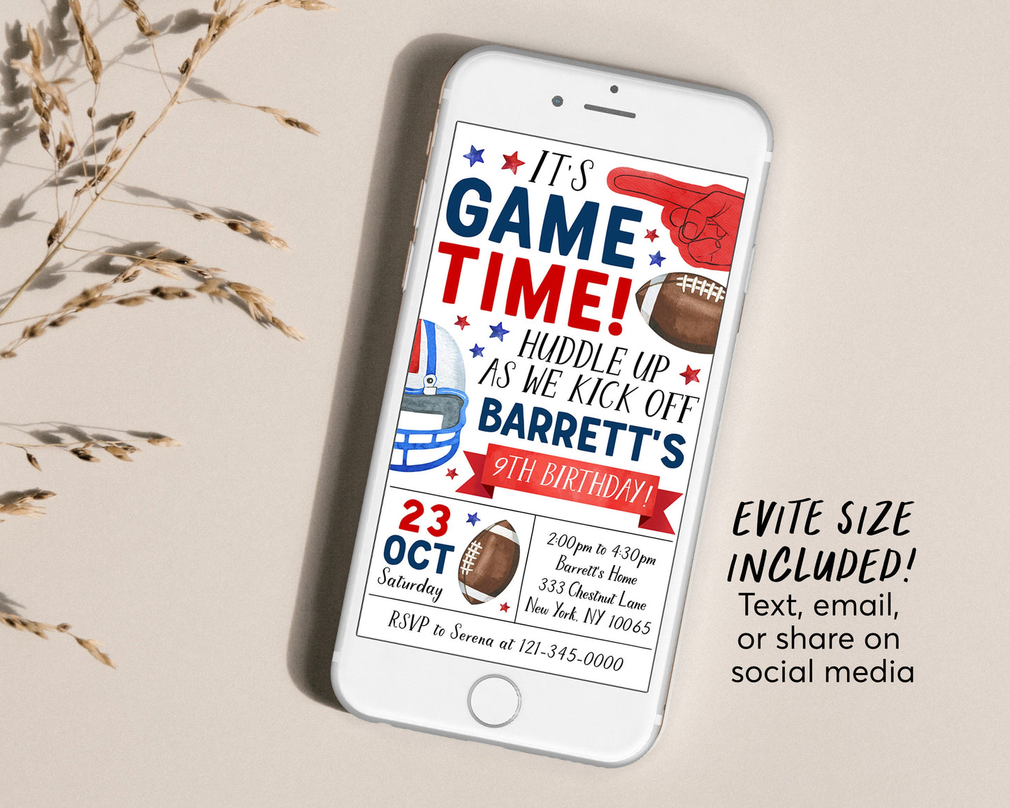 Football Birthday Invitation With Photo Editable Template, Boy Football Theme Party Invite, Kids Sports Theme It's Game Time Evite Digital