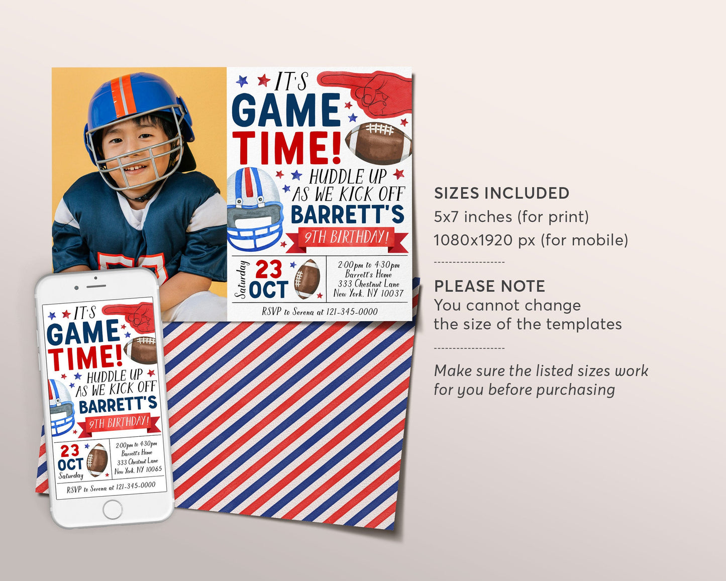 Football Birthday Invitation With Photo Editable Template, Boy Football Theme Party Invite, Kids Sports Theme It's Game Time Evite Digital