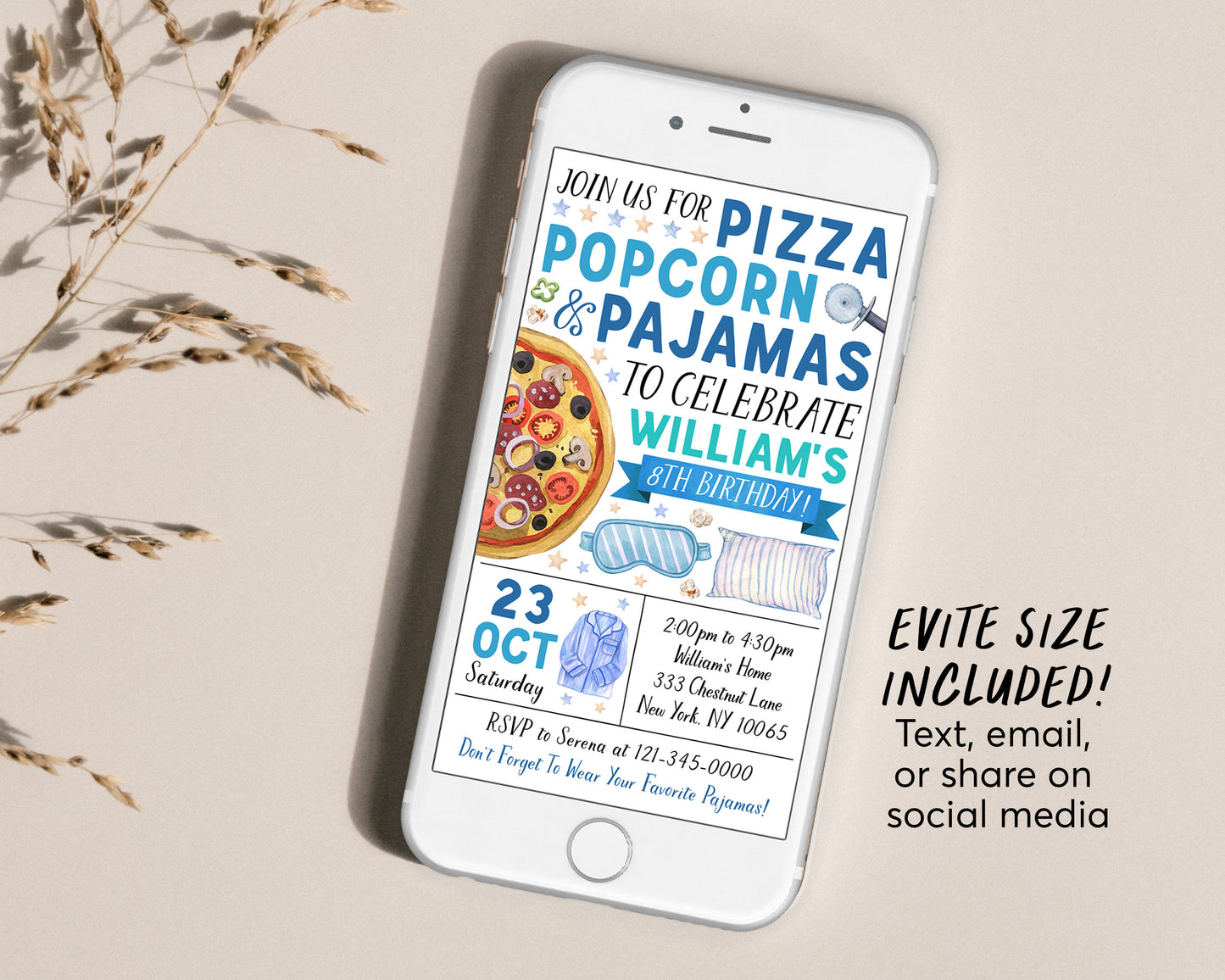 Pizza Popcorn Pajamas Birthday Invitation Editable Template, Boy Tween Movie Night Party Invite, Kids Popcorn And PJs Slumber Party Evite