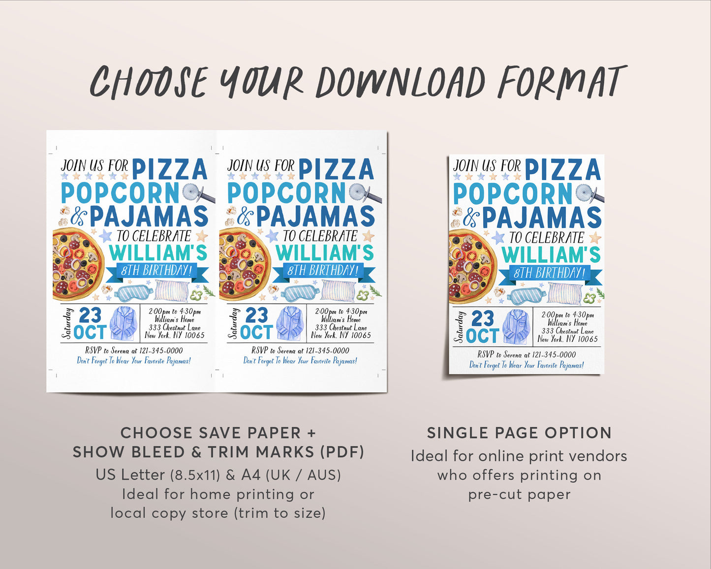 Pizza Popcorn Pajamas Birthday Invitation Editable Template, Boy Tween Movie Night Party Invite, Kids Popcorn And PJs Slumber Party Evite