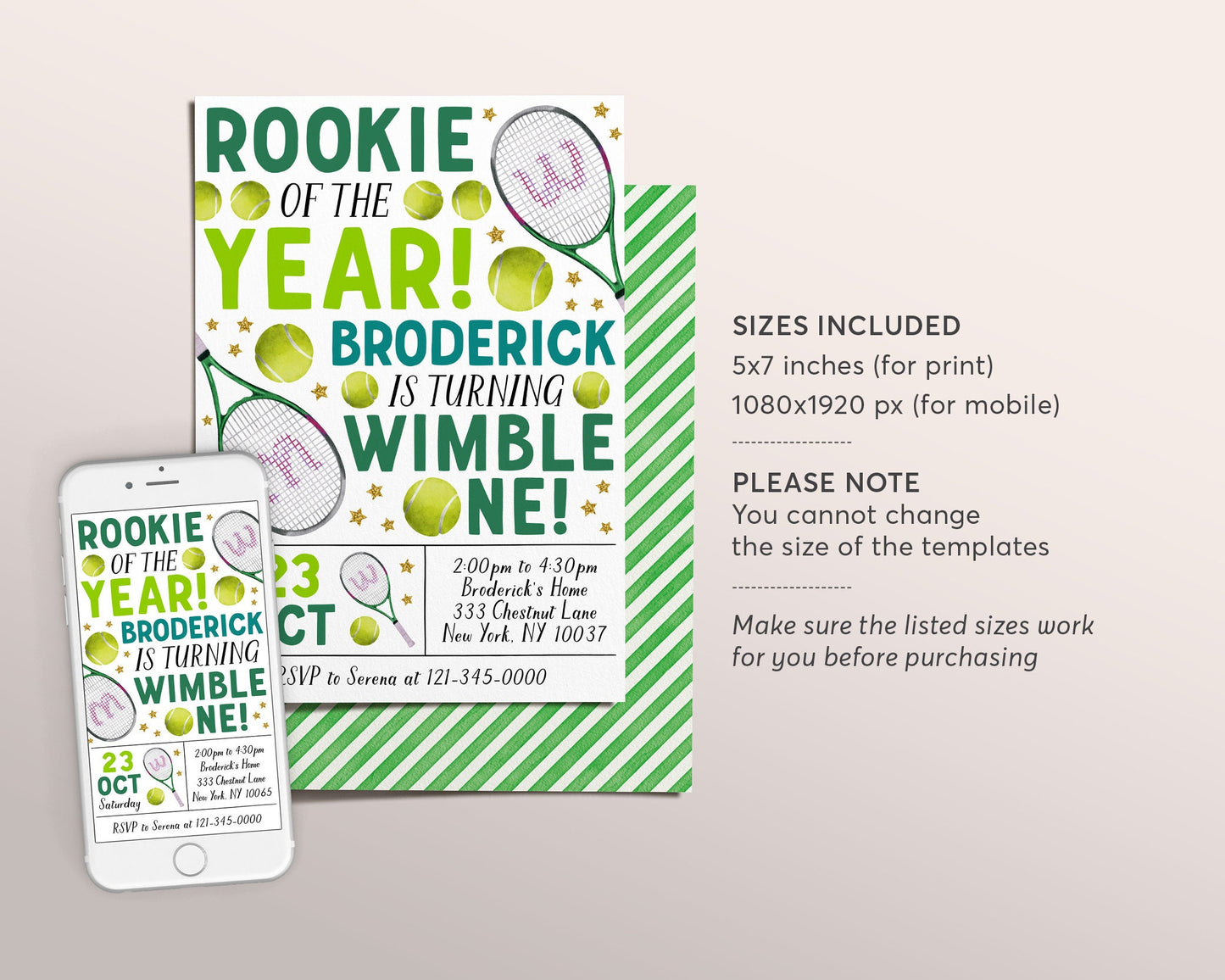 Tennis First Birthday Invitation Editable Template, Boy Wimble-One Tennis Ball Party Invite, Kids Sports Theme Evite, Game Match Tournament