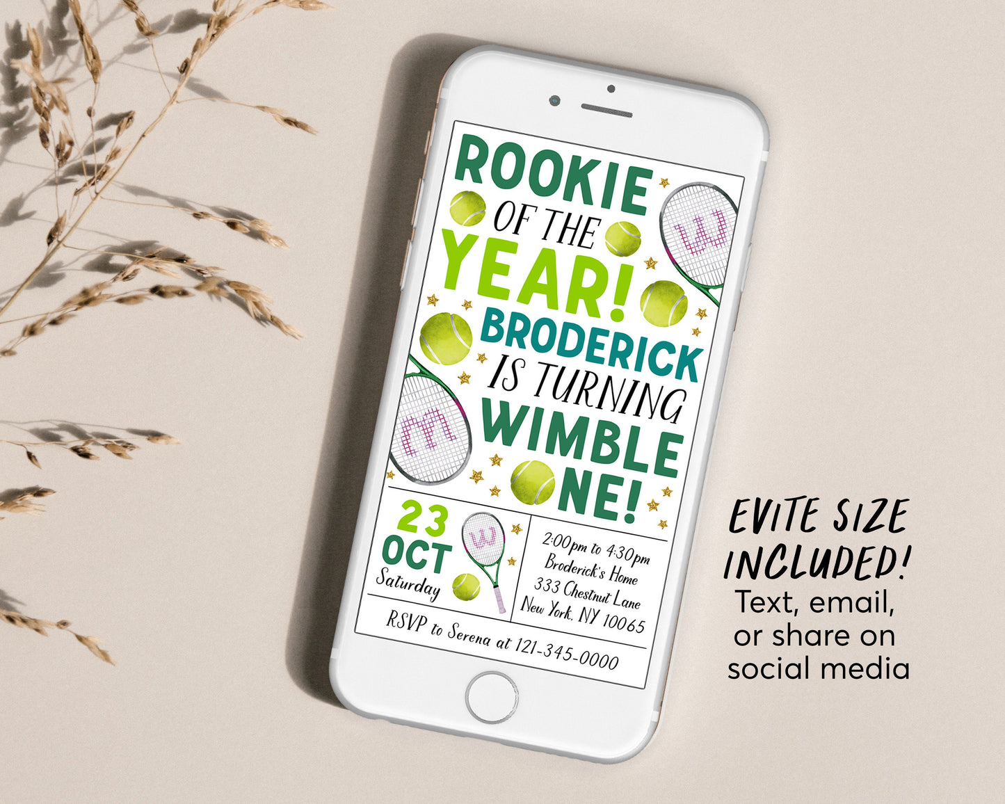 Tennis First Birthday Invitation Editable Template, Boy Wimble-One Tennis Ball Party Invite, Kids Sports Theme Evite, Game Match Tournament