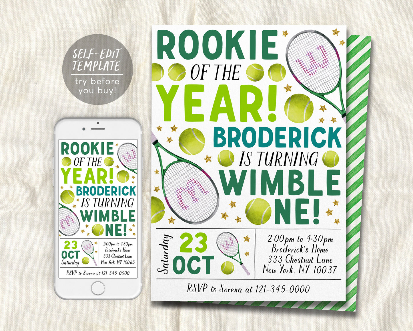 Tennis First Birthday Invitation Editable Template