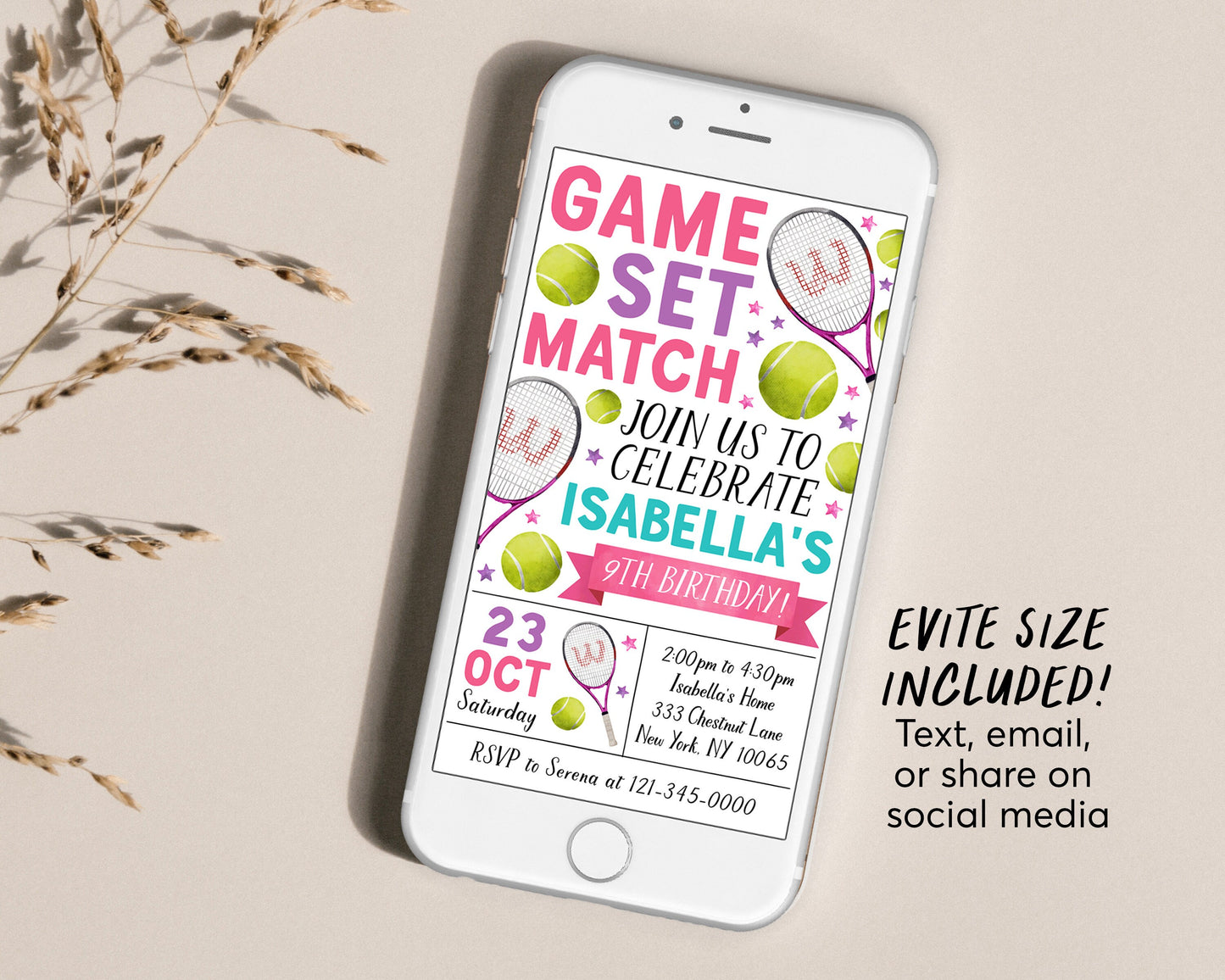 Tennis Birthday Invitation Editable Template, Girl Tennis Ball Party Invite, Kids Sports Theme Evite, Tennis Game Match Tournament Printable