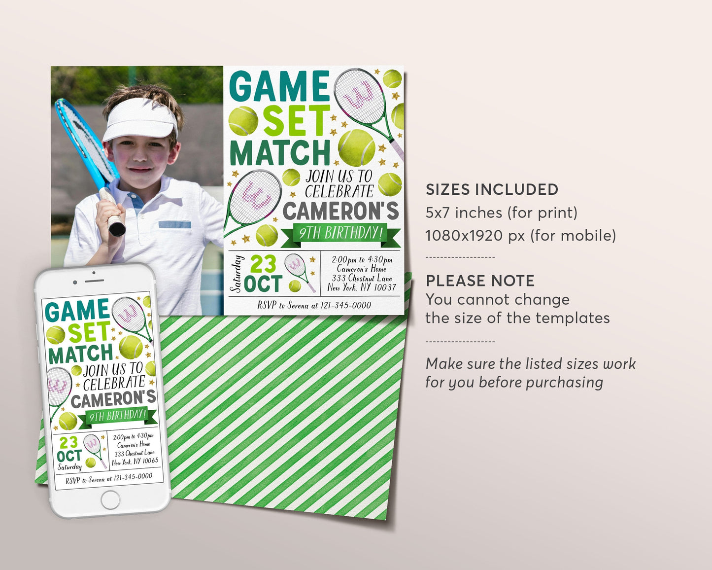 Tennis Birthday Invitation With Photo Editable Template, Boy Tennis Ball Party Invite, Kids Sports Theme Evite, Tennis Game Match Printable