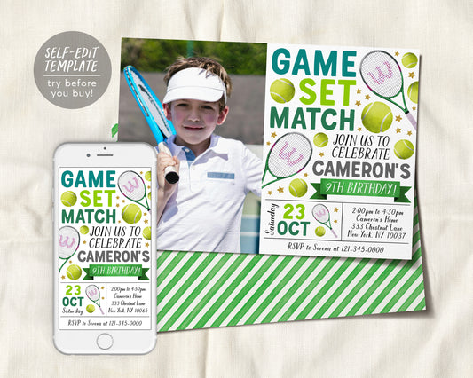 Tennis Birthday Invitation With Photo Editable Template