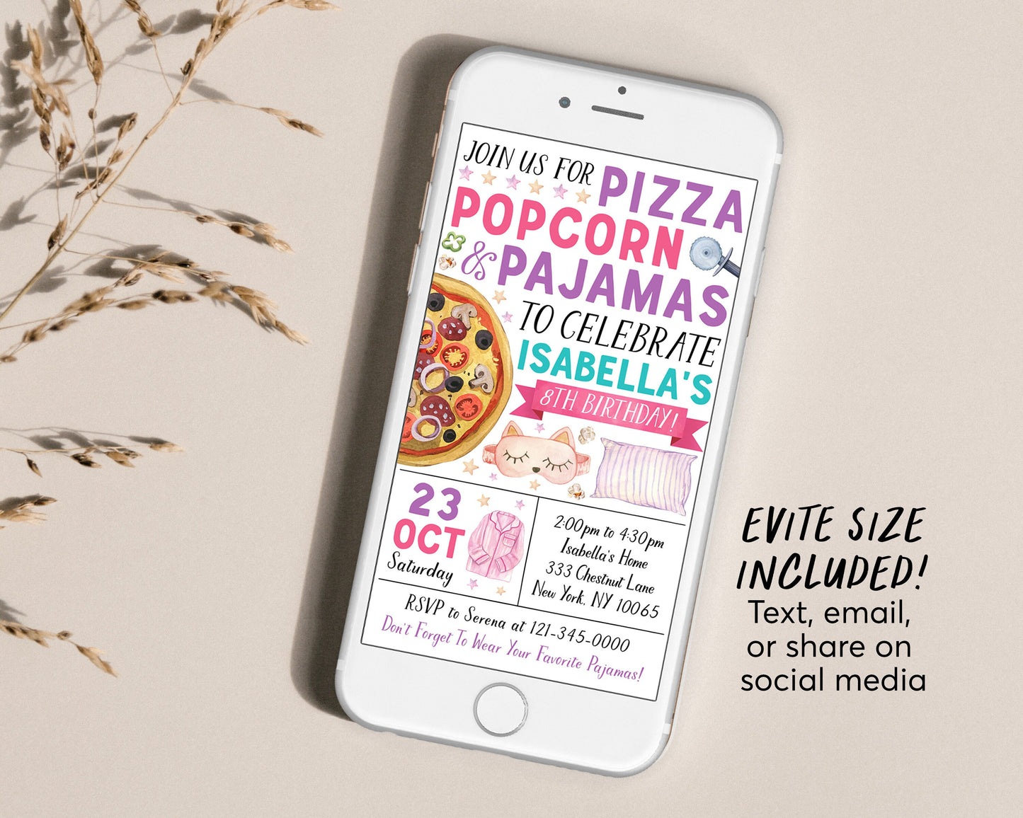 Pizza Popcorn Pajamas Birthday Invitation With Photo Editable Template, Girl Tween Movie Night Party Invite, Kids PJs Slumber Party Evite