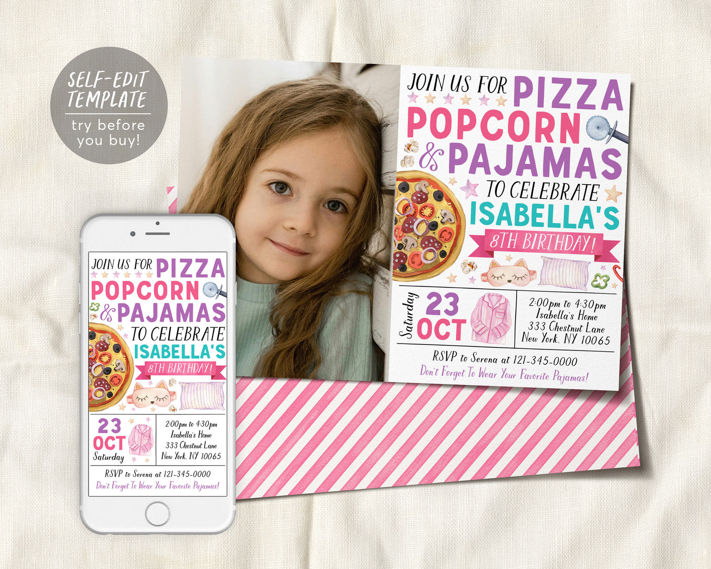 Pizza Popcorn Pajamas Birthday Invitation With Photo Editable Template