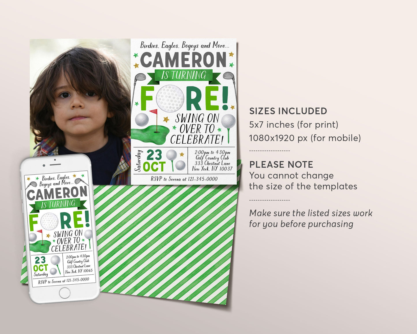 Golf Fourth Birthday Invitation With Photo Editable Template, Boy Golf Course Fore 4th Birthday Party Invite, Sports Theme Evite Mini Golf