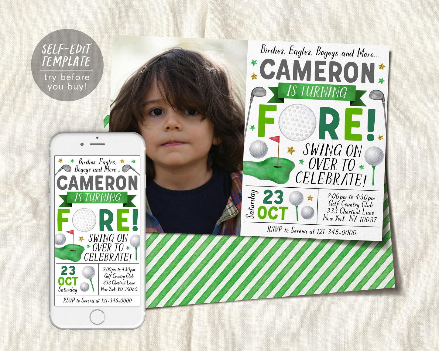 Golf Fourth Birthday Invitation With Photo Editable Template